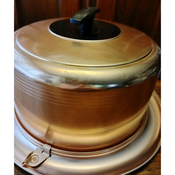 VTG 50s West Bend Rosey Copper Colored Metal locking Cake Carrier 14.5" dia. - Picture 5 of 16